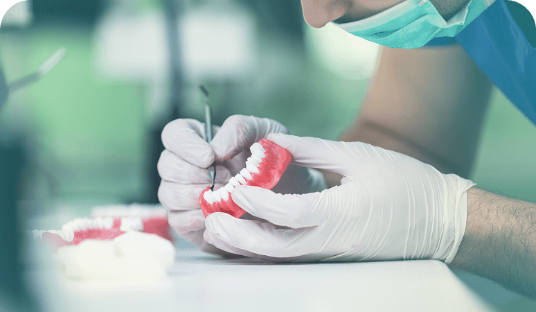Gloved hands working on dental model